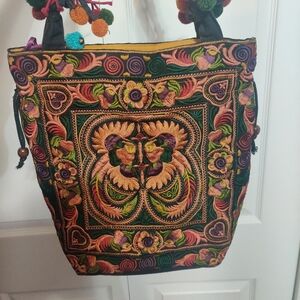 Disney Parks Lumily Tapestry Tote Shoulder Bag Boho Hippie Tassel Pom Embroidery